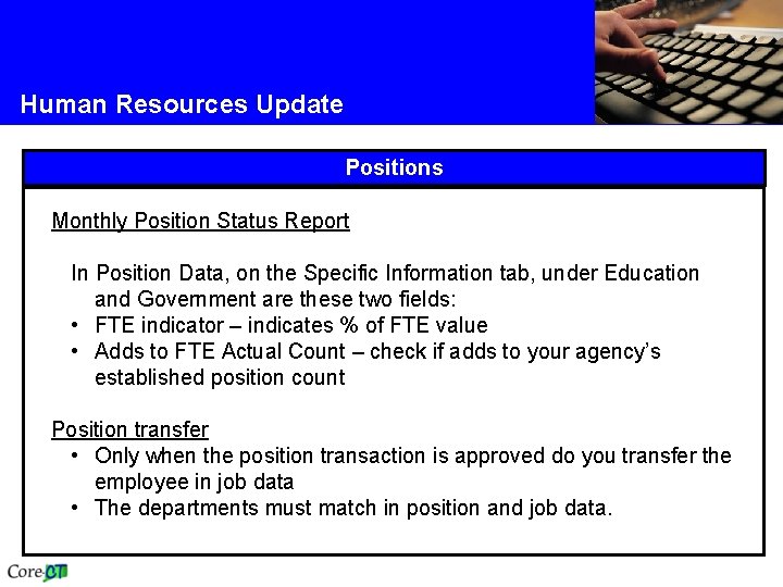 Human Resources Update Positions Monthly Position Status Report In Position Data, on the Specific