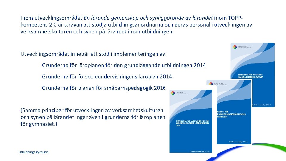 Inom utvecklingsområdet En lärande gemenskap och synliggörande av lärandet inom TOPPkompetens 2. 0 är