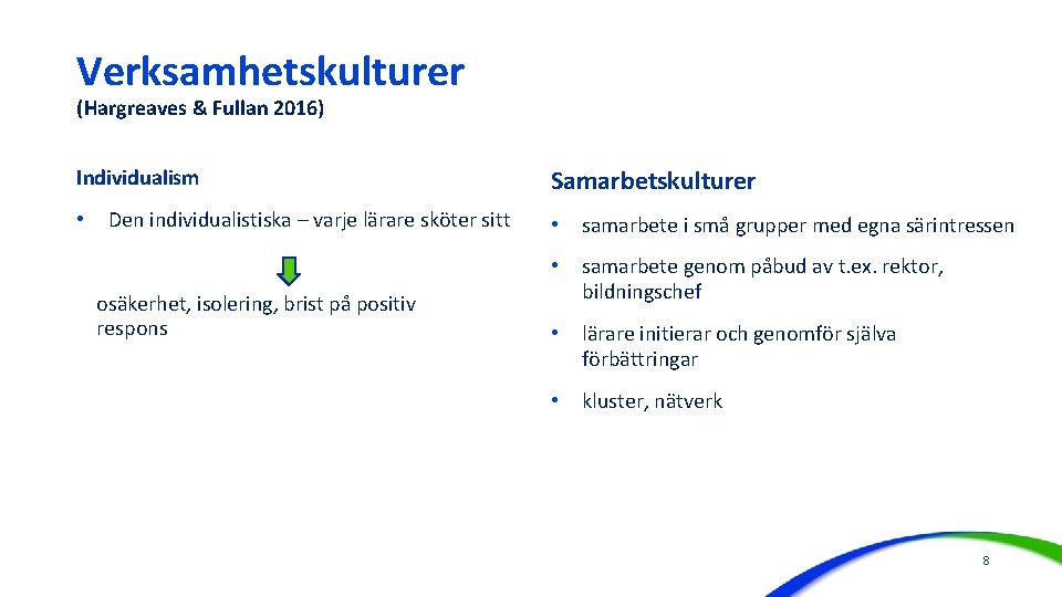Verksamhetskulturer (Hargreaves & Fullan 2016) Individualism • Den individualistiska – varje lärare sköter sitt