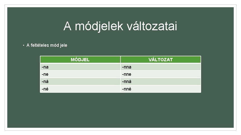 A módjelek változatai • A feltételes mód jele MÓDJEL VÁLTOZAT -na -ne -nne -ná