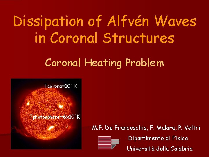 Dissipation of Alfvén Waves in Coronal Structures Coronal Heating Problem Tcorona~106 K Tphotosphere~6 x