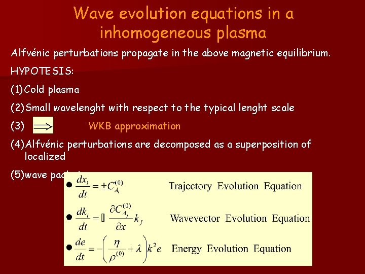 Wave evolution equations in a inhomogeneous plasma Alfvénic perturbations propagate in the above magnetic