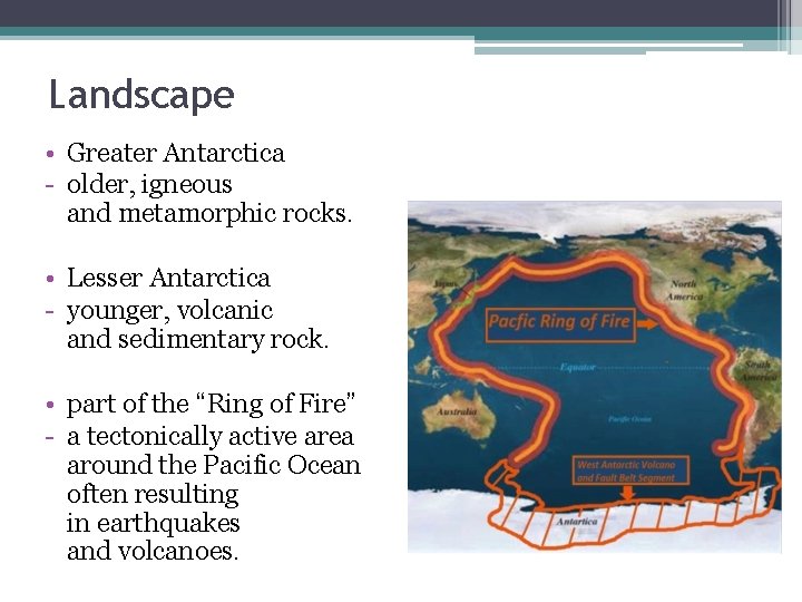 Landscape • Greater Antarctica - older, igneous and metamorphic rocks. • Lesser Antarctica -