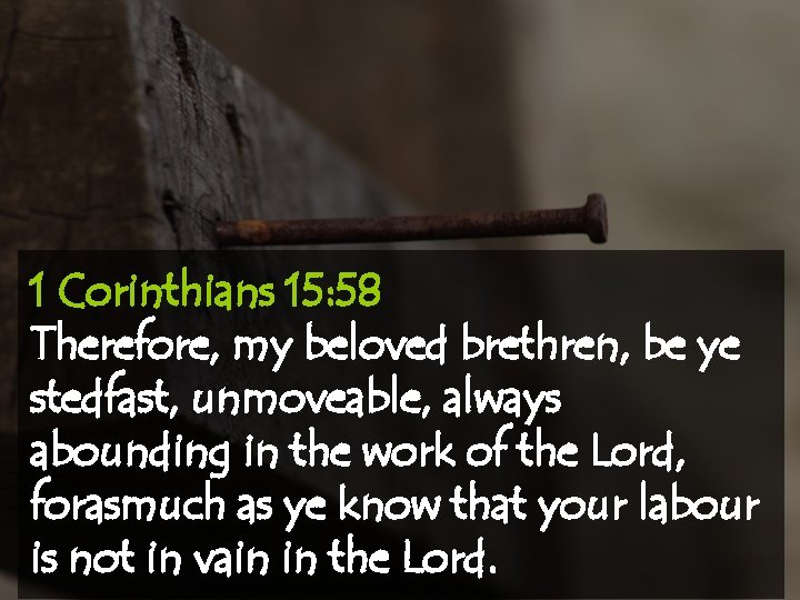 1 Corinthians 15: 58 Therefore, my beloved brethren, be ye stedfast, unmoveable, always abounding