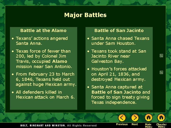 Major Battles Battle at the Alamo Battle of San Jacinto • Texans’ actions angered Major Battles Battle at the Alamo Battle of San Jacinto • Texans’ actions angered
