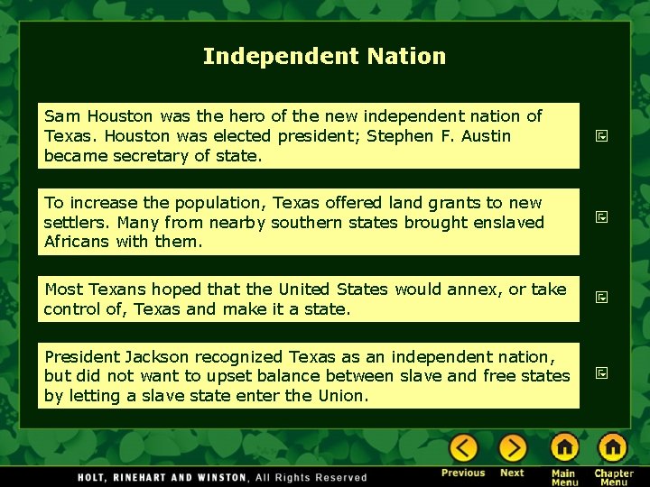 Independent Nation Sam Houston was the hero of the new independent nation of Texas. Independent Nation Sam Houston was the hero of the new independent nation of Texas.