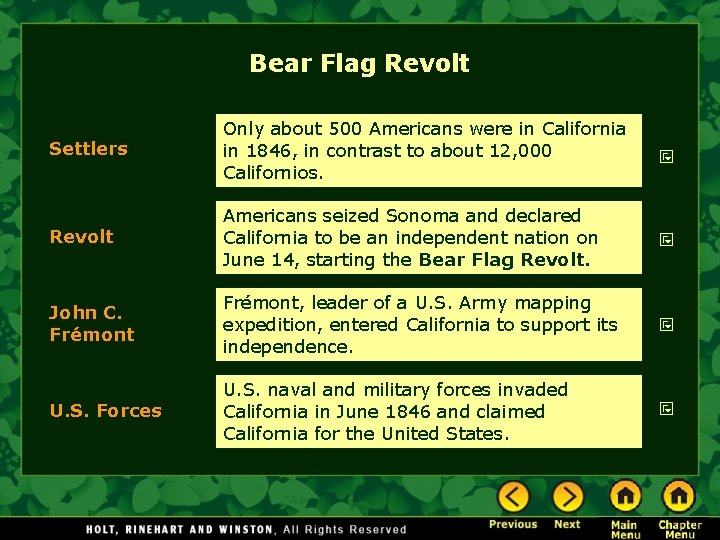 Bear Flag Revolt Settlers Only about 500 Americans were in California in 1846, in Bear Flag Revolt Settlers Only about 500 Americans were in California in 1846, in