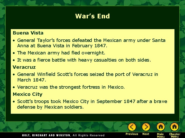 War’s End Buena Vista • General Taylor’s forces defeated the Mexican army under Santa War’s End Buena Vista • General Taylor’s forces defeated the Mexican army under Santa
