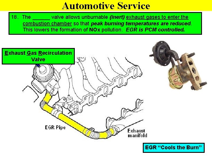 Automotive Service 18. The ______ valve allows unburnable (inert) exhaust gases to enter the