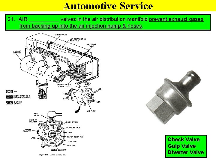 Automotive Service 21. AIR _____ valves in the air distribution manifold prevent exhaust gases