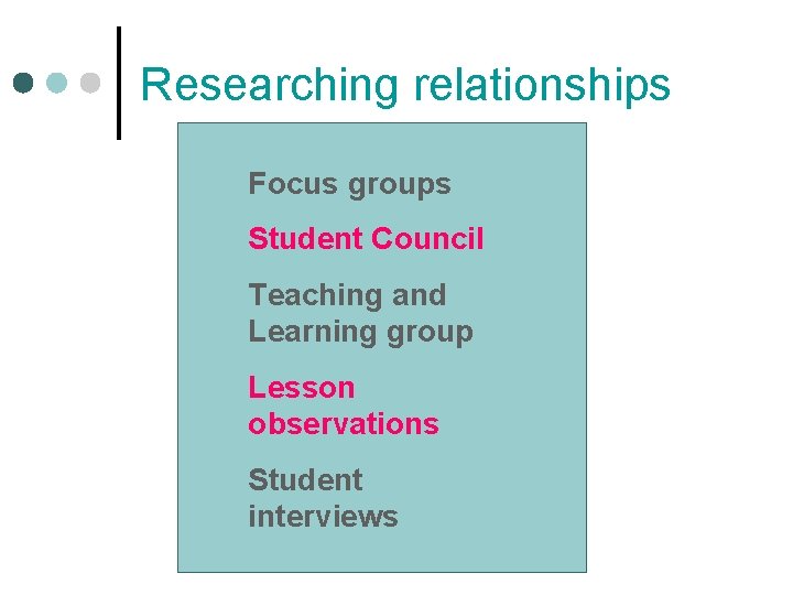 Researching relationships Focus groups Student Council Teaching and Learning group Lesson observations Student interviews Researching relationships Focus groups Student Council Teaching and Learning group Lesson observations Student interviews