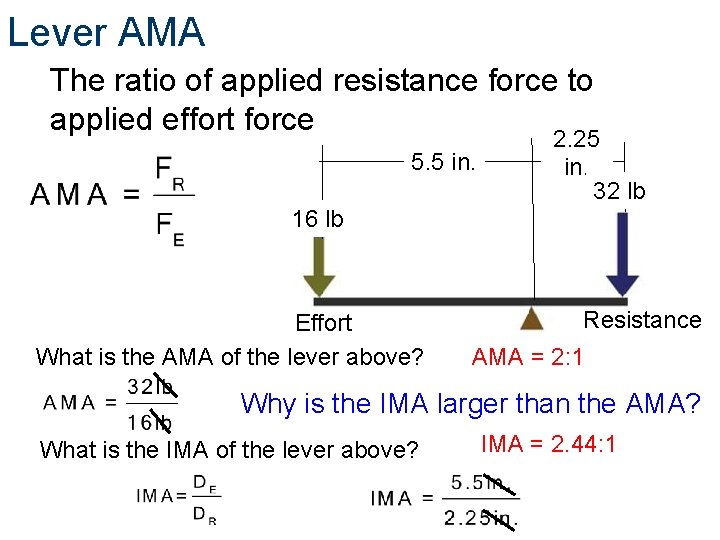 Lever AMA The ratio of applied resistance force to applied effort force 5. 5