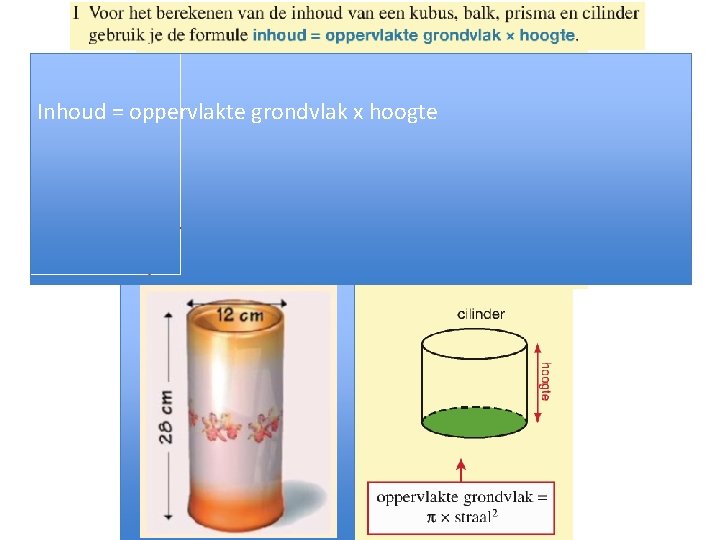 Inhoud = oppervlakte grondvlak x hoogte 