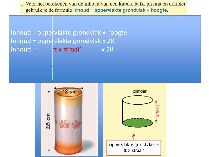 Inhoud = oppervlakte grondvlak x hoogte Inhoud = oppervlakte grondvlak x 28 Inhoud =