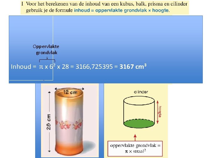 Oppervlakte grondvlak Inhoud = π x 62 x 28 = 3166, 725395 = 3167