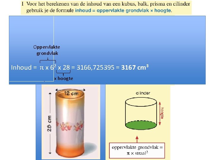 Oppervlakte grondvlak Inhoud = π x 62 x 28 = 3166, 725395 = 3167