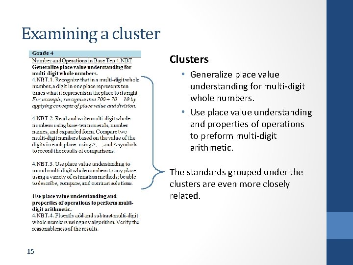 Examining a cluster Clusters • Generalize place value understanding for multi-digit whole numbers. •