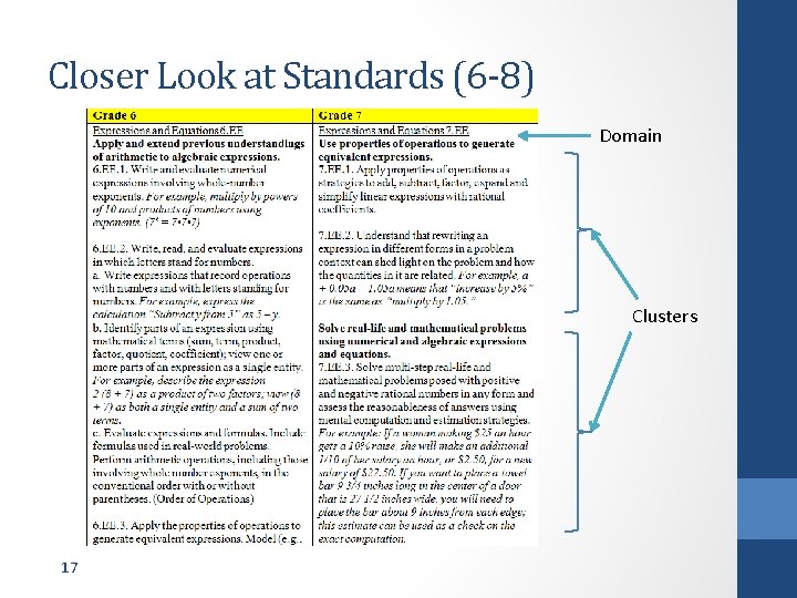 Closer Look at Standards (6 -8) Domain Clusters 17 