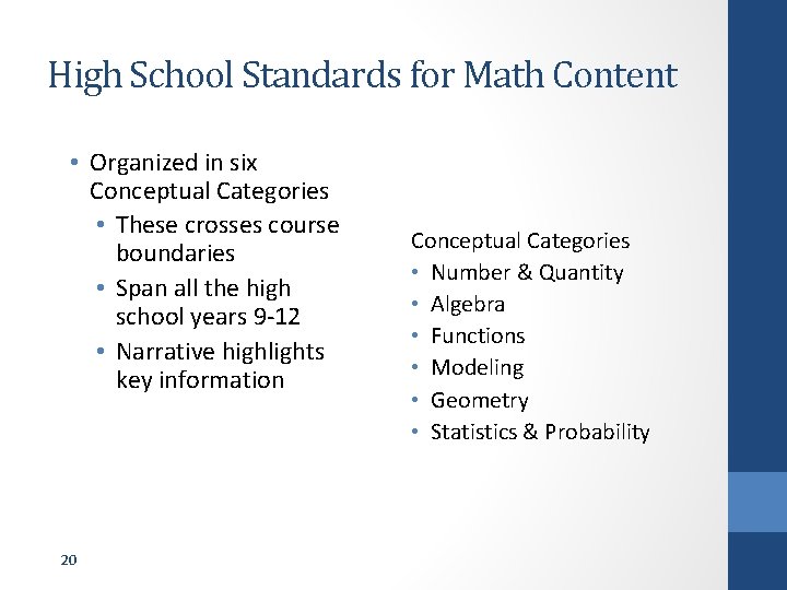 High School Standards for Math Content • Organized in six Conceptual Categories • These