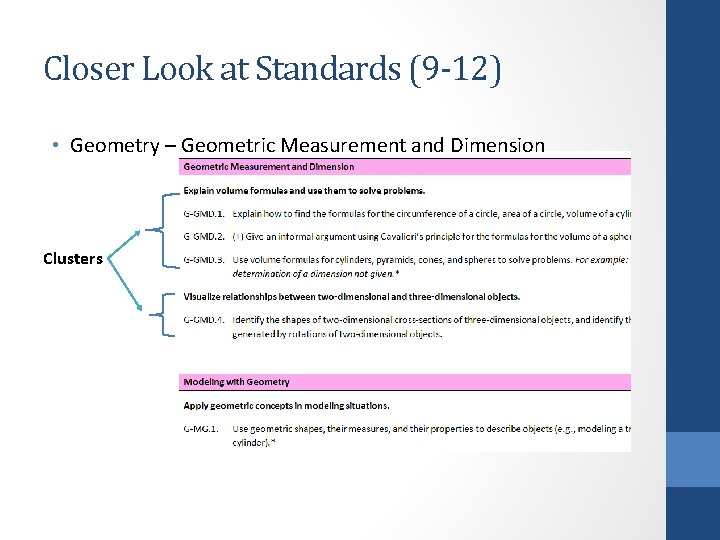 Closer Look at Standards (9 -12) • Geometry – Geometric Measurement and Dimension Clusters