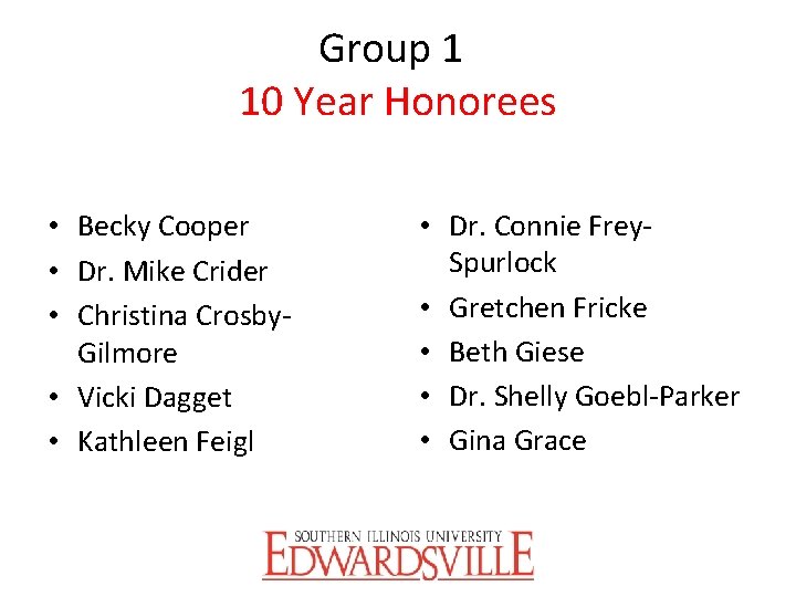 Group 1 10 Year Honorees • Becky Cooper • Dr. Mike Crider • Christina