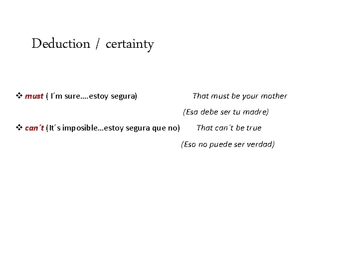 Deduction / certainty v must ( I´m sure…. estoy segura) That must be your