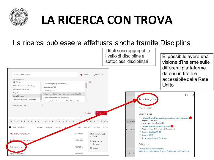 LA RICERCA CON TROVA La ricerca può essere effettuata anche tramite Disciplina. LA RICERCA CON TROVA La ricerca può essere effettuata anche tramite Disciplina.