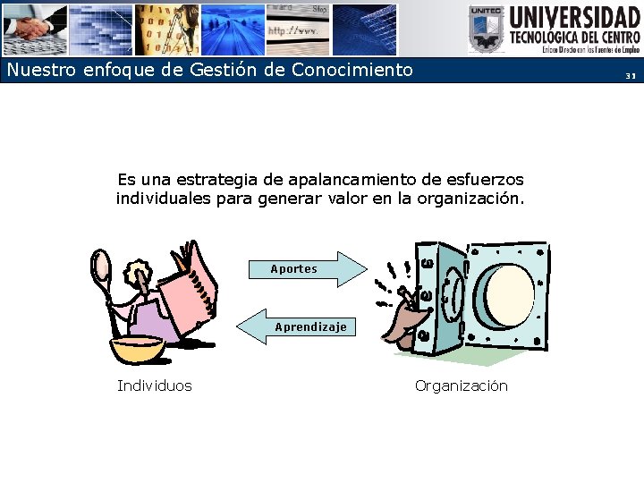 Nuestro enfoque de Gestión de Conocimiento 31 Es una estrategia de apalancamiento de esfuerzos