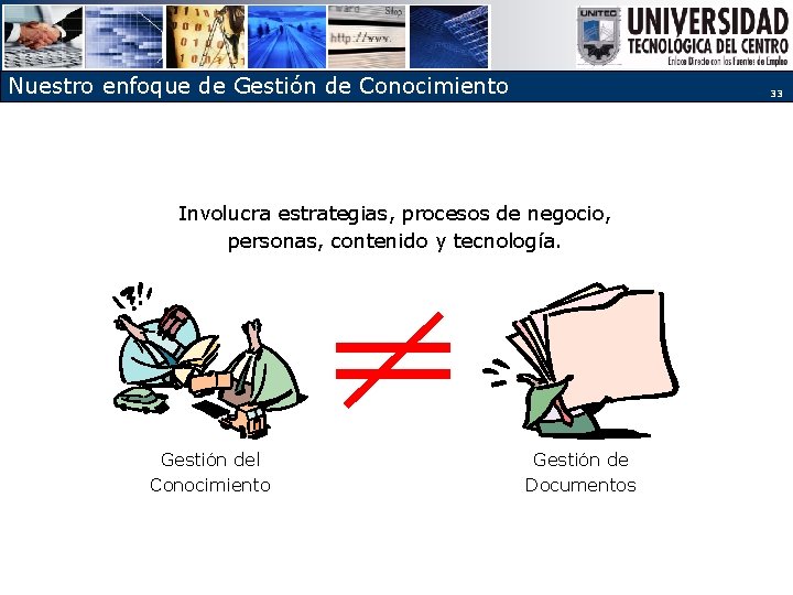 Nuestro enfoque de Gestión de Conocimiento 33 Involucra estrategias, procesos de negocio, personas, contenido