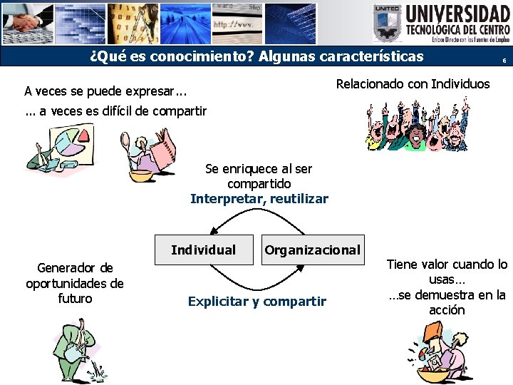 ¿Qué es conocimiento? Algunas características 6 Relacionado con Individuos A veces se puede expresar.