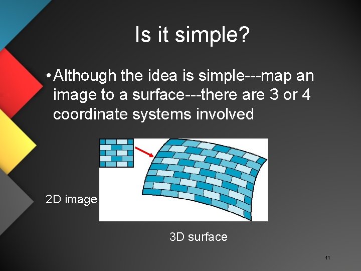 Is it simple? • Although the idea is simple---map an image to a surface---there