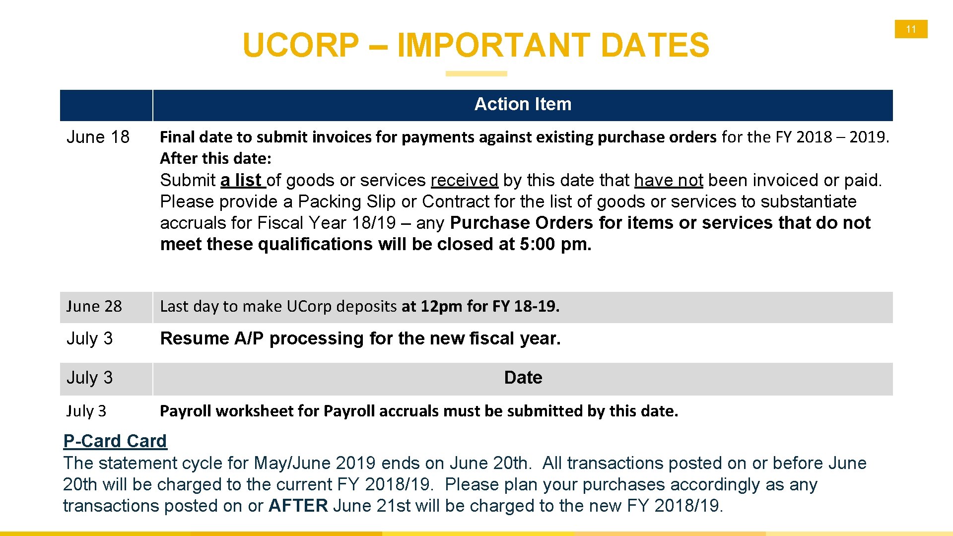 UCORP – IMPORTANT DATES Action Item June 18 Final date to submit invoices for