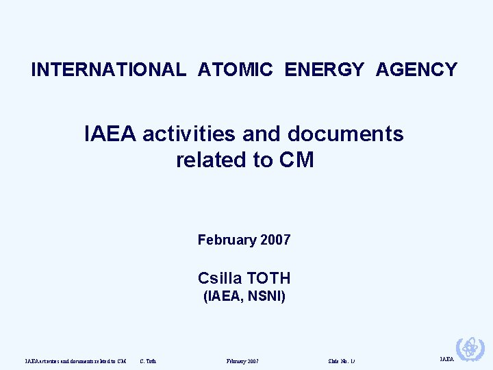 INTERNATIONAL ATOMIC ENERGY AGENCY IAEA activities and documents related to CM February 2007 Csilla