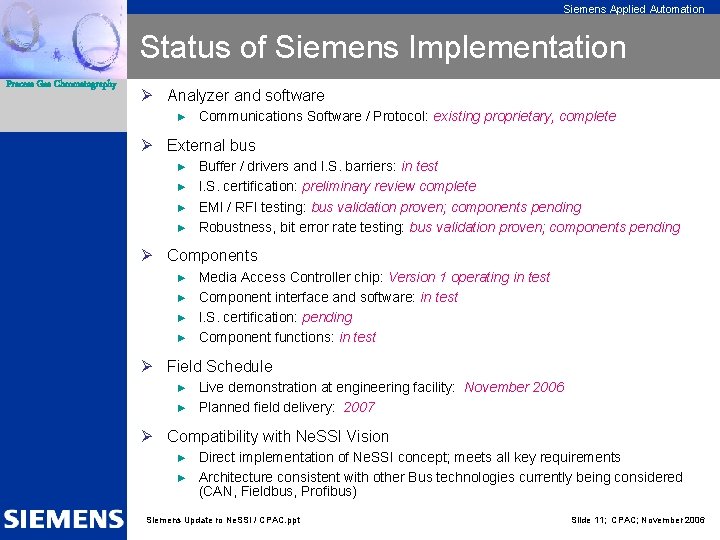 Siemens Applied Automation Status of Siemens Implementation Process Gas Chromatography Ø Analyzer and software