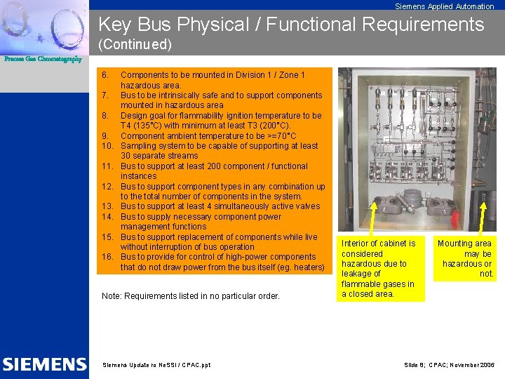 Siemens Applied Automation Key Bus Physical / Functional Requirements (Continued) Process Gas Chromatography 6.