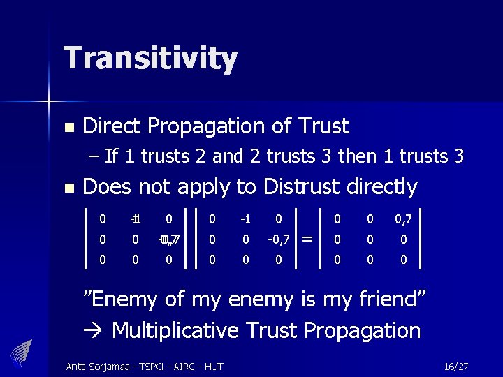 Transitivity n Direct Propagation of Trust – If 1 trusts 2 and 2 trusts