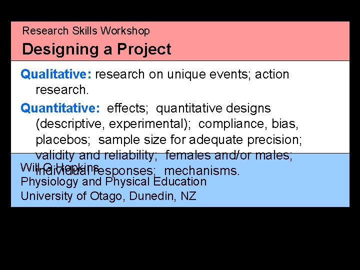 Research Skills Workshop Designing a Project Qualitative: research on unique events; action research. Quantitative: