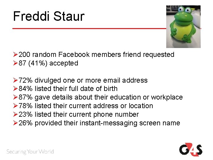 Freddi Staur Ø 200 random Facebook members friend requested Ø 87 (41%) accepted Ø Freddi Staur Ø 200 random Facebook members friend requested Ø 87 (41%) accepted Ø
