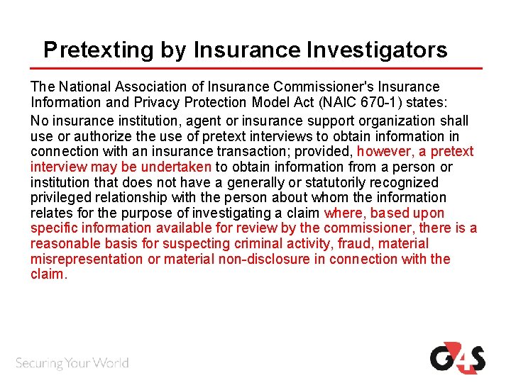 Pretexting by Insurance Investigators The National Association of Insurance Commissioner's Insurance Information and Privacy Pretexting by Insurance Investigators The National Association of Insurance Commissioner's Insurance Information and Privacy