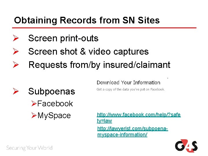 Obtaining Records from SN Sites Ø Screen print-outs Ø Screen shot & video captures Obtaining Records from SN Sites Ø Screen print-outs Ø Screen shot & video captures