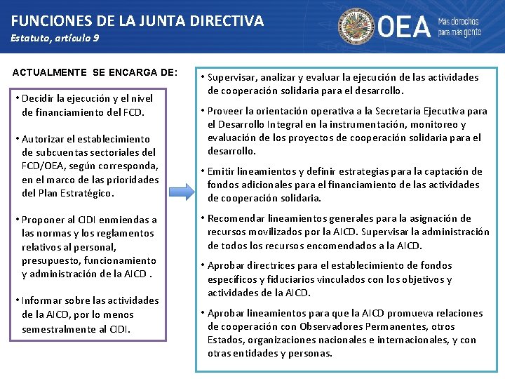 FUNCIONES DE LA JUNTA DIRECTIVA Estatuto, artículo 9 ACTUALMENTE SE ENCARGA DE: • Decidir