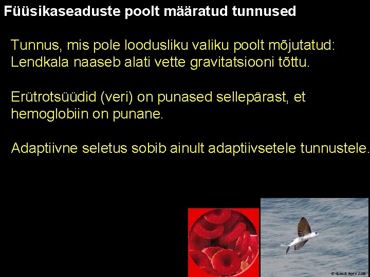 Füüsikaseaduste poolt määratud tunnused Tunnus, mis pole loodusliku valiku poolt mõjutatud: Lendkala naaseb alati