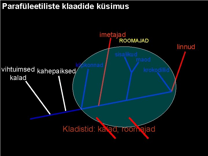 Parafüleetiliste klaadide küsimus imetajad ROOMAJAD kilpkonnad vihtuimsed kahepaiksed kalad sisalikud maod krokodillid Kladistid: kalad,