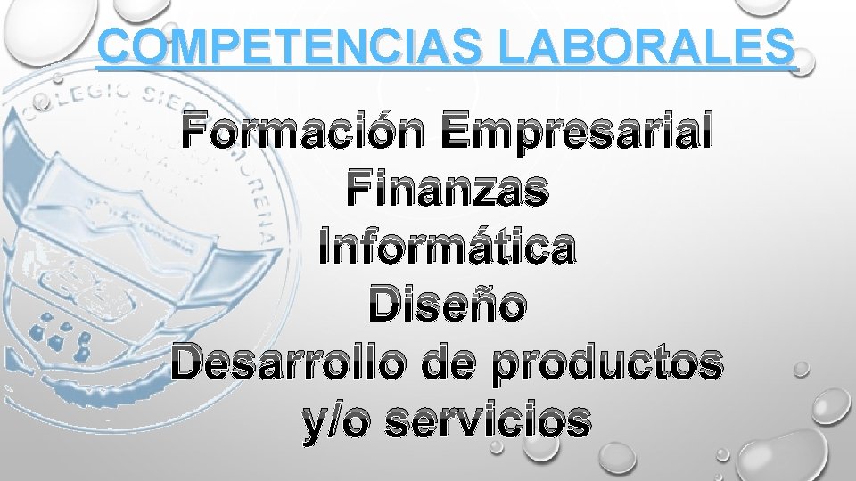 COMPETENCIAS LABORALES Formación Empresarial Finanzas Informática Diseño Desarrollo de productos y/o servicios 