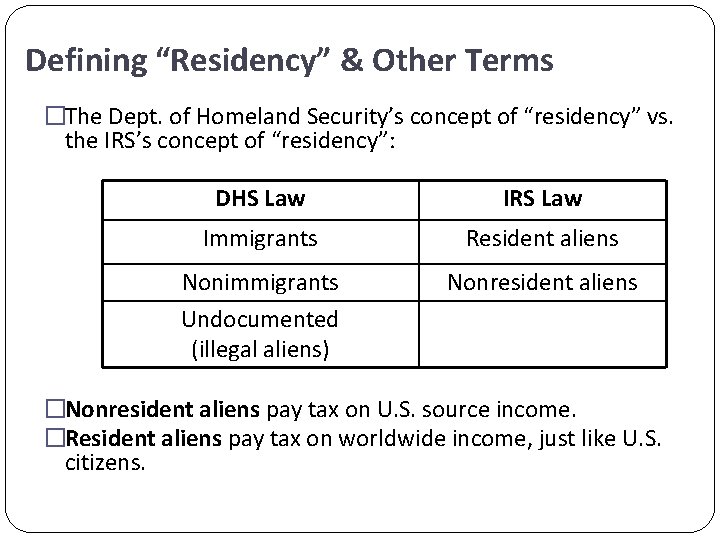 Defining “Residency” & Other Terms �The Dept. of Homeland Security’s concept of “residency” vs.