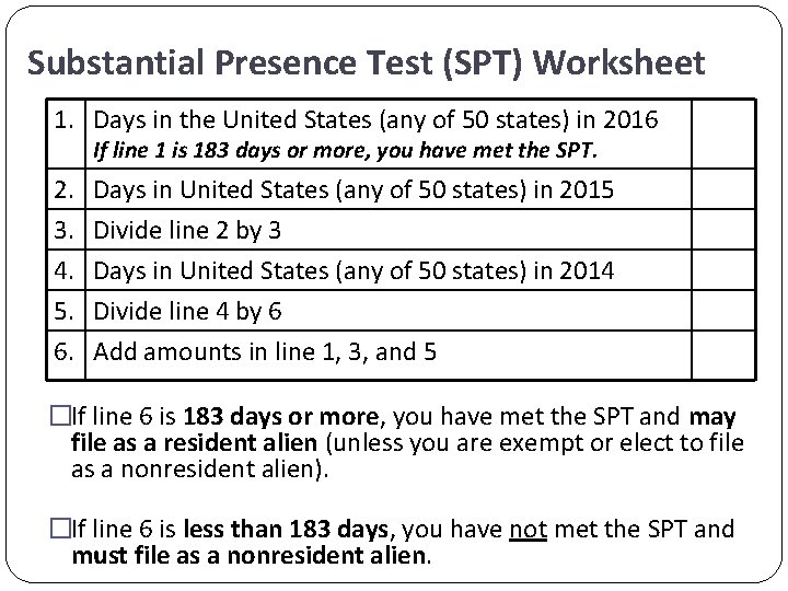 Substantial Presence Test (SPT) Worksheet 1. Days in the United States (any of 50