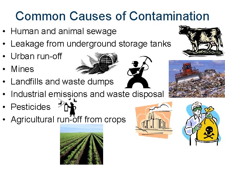 Common Causes of Contamination • • Human and animal sewage Leakage from underground storage
