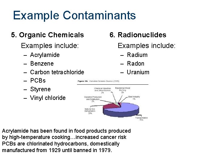 Example Contaminants 5. Organic Chemicals Examples include: – – – Acrylamide Benzene Carbon tetrachloride