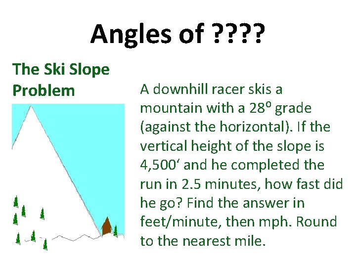 Angles of ? ? The Ski Slope Problem A downhill racer skis a mountain