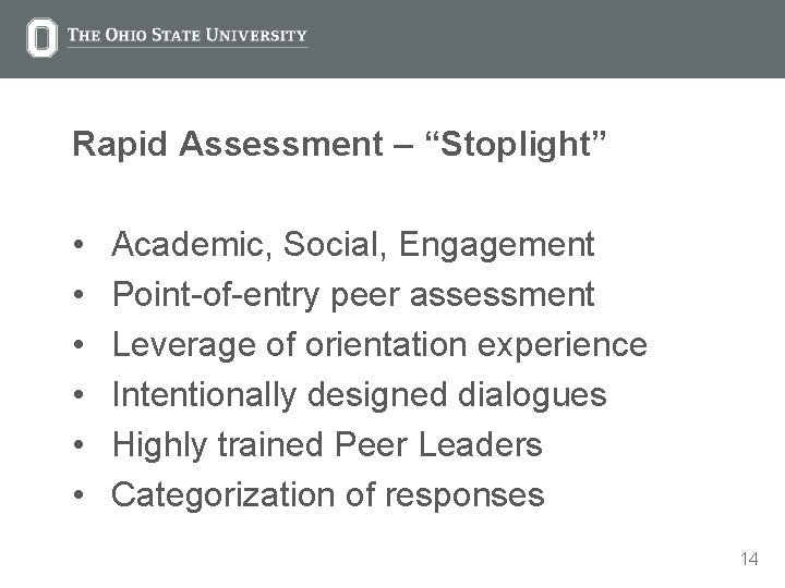 Rapid Assessment – “Stoplight” • • • Academic, Social, Engagement Point-of-entry peer assessment Leverage